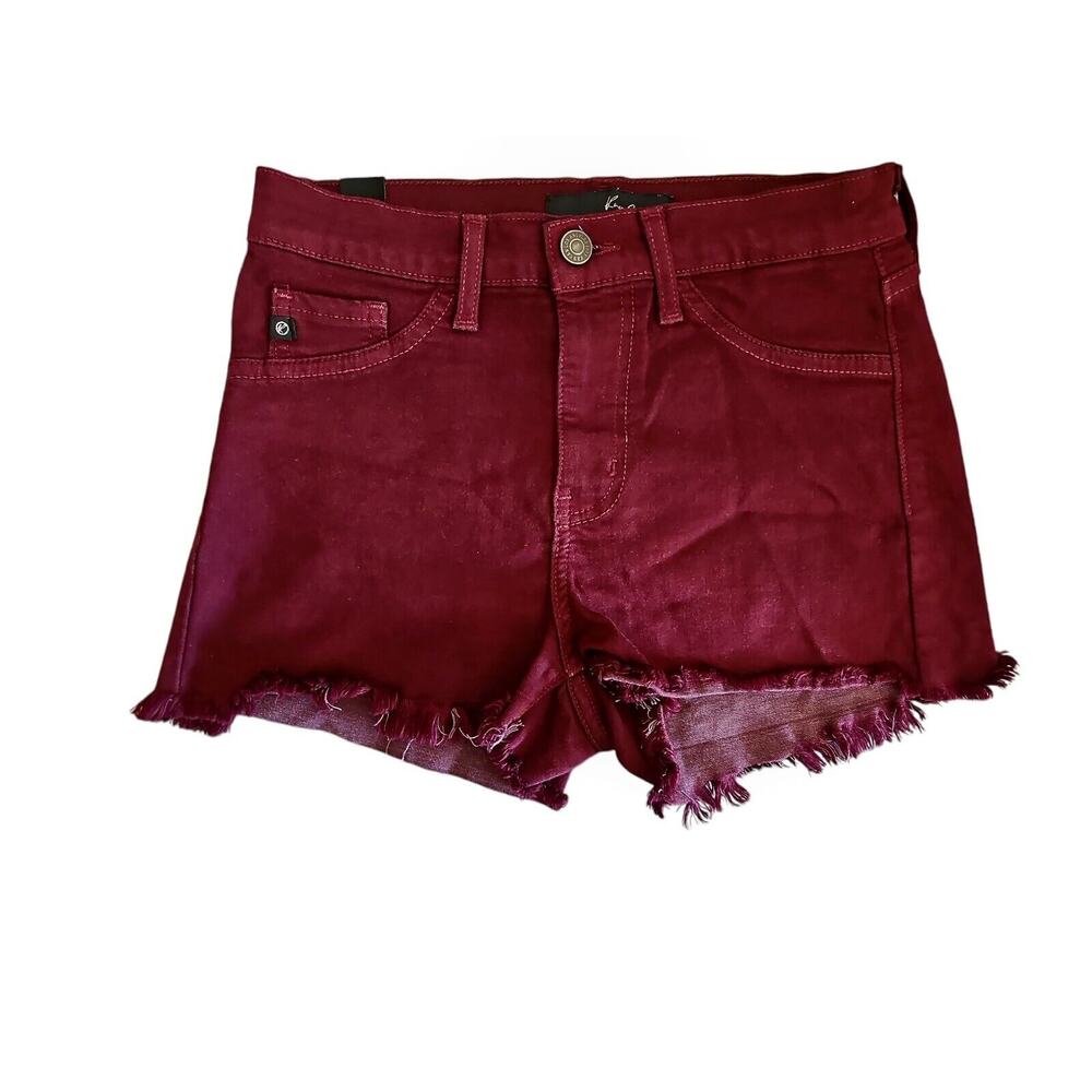 KanCan Mid Rise Maroon Denim Cutoff Raw Hem Stretch Jean Shorts Size 26